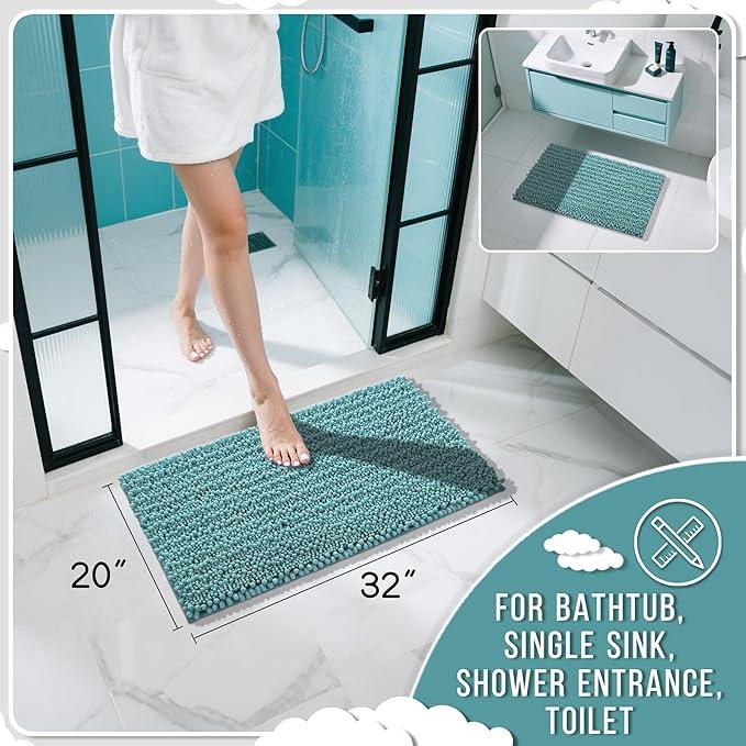 Yimobra Bathroom Rugs Non Slip Washable 32x20 Inch - Ultra Soft Absorbent Chenille Bath Mat, Quick Dry Shaggy Floor Carpet for Tub Shower, Teal Blue Home Decor Accessories - ModernBath