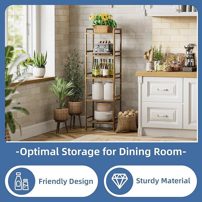 HITNET Bamboo Book Shelf, Tall Narrow Bookcase, Bathroom Shelving Unit 5 Tier Floor Standing Adjustable Bookshelf for Small Spaces, Walnut - ModernBath