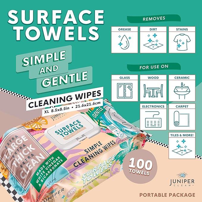 Juniper CLEAN 3 Packs Surface Cleaning Wipes, Thick & Large Dispose, All-Purpose Cleaner for Bathroom, Kitchen, Office, 300 Count Soft Flow, Biodegradable, White Soap Scent - ModernBath