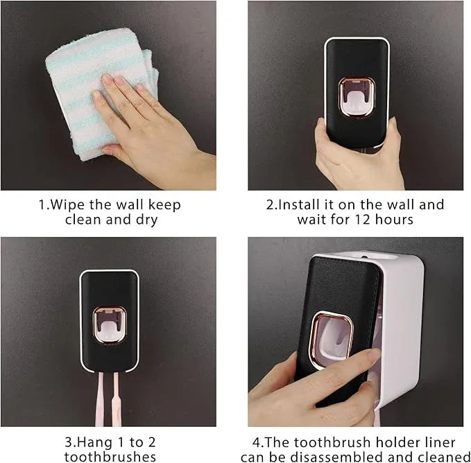 2 Slot Toothbrush Holder and Toothpaste Dispenser Wall Mounted, Automatic Toothpaste Squeezer, 2 in 1 Tooth Brush Toothpaste Organizer for Shower (Black 2Pack) - ModernBath
