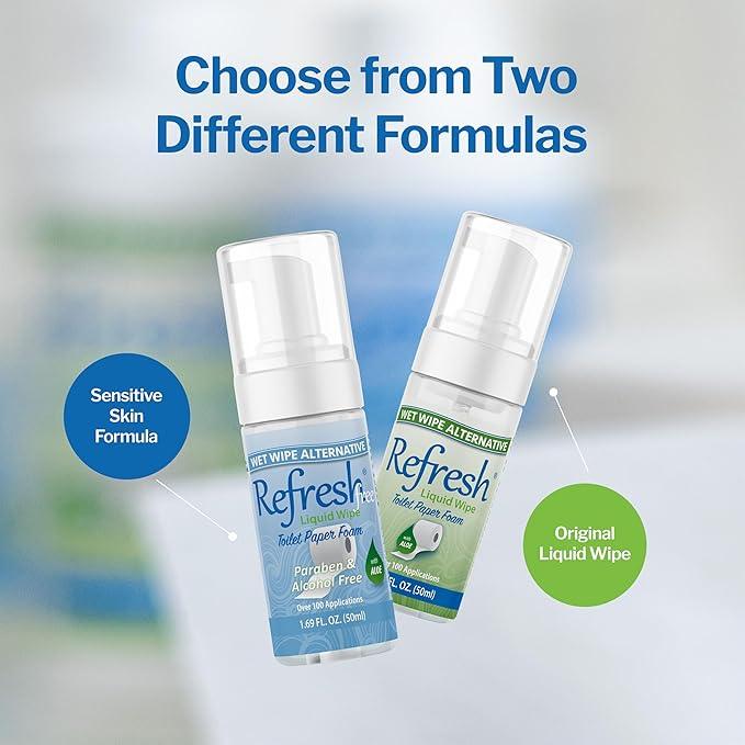 Refresh Liquid Wipe Free - Toilet Paper Foam for Sensitive Skin - Flushable Wet Wipe Alternative - Cleanses & Soothes with Witch Hazel & Aloe - Alcohol & Paraben Free, 250ml & 50ml (10.14 oz) (Combo) - ModernBath