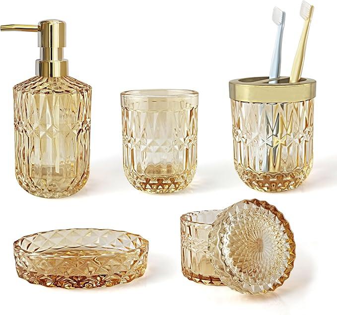 LaMarriti Clear Gold Bathroom Accessorries Set, 5Pcs Glass Bathroom Accessories, Lotion Soap Dispenser, Toothbrush Holder Set, Soap Dish, Tumbler, Qtips Holder for Bathroom Vanity Decor, Yellow Gold - ModernBath