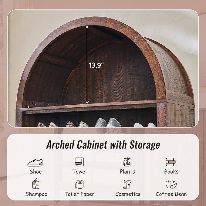 71" Tall Arched Bathroom Storage Cabinet, 7-Tier Modern Farmhouse Storage Cabinet with Adjustable Shelves, Wood Freestanding Cabinet for Bathroom, Living Room, Entryway, Hallway-Brown - ModernBath