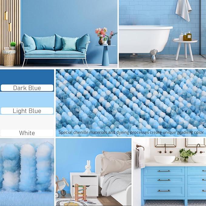 Yimobra Luxury Bathroom Rugs, 47x24, Extra Soft Chenille Mats for Bathroom Non Slip, Fluffy Long Matts for Tub, Plush Shaggy Carpet Runner, Water Absorbent, Machine Washable, Blue & Light Blue - ModernBath