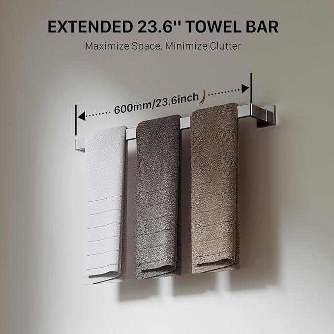JIXB 10-Piece 23.6 Inch Brushed Nickel Bathroom Accessories Set, Bathroom Hardware Set, SUS304 Stainless Steel Bath Towel Bar Set, Toilet Paper Holder with Shelf, Towel Hooks & Ring Wall Mounted - ModernBath