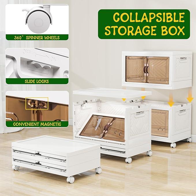 Storage Bins with Lids and Wheels, 90QT-45QT*2Tier Collapsible Bathroom Storage Cabinet with Clear Doors, Plastic Stackable Closet Organizers and Containers White - ModernBath