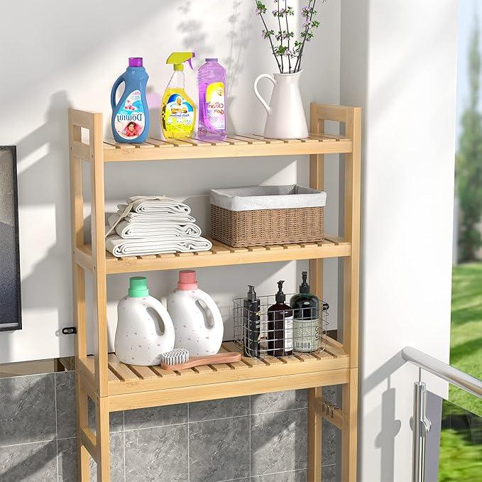 Homykic Over The Toilet Storage, 3-Tier Bamboo Bathroom Shelf with 3 Hooks, Above Toilet Organizer Rack Freestanding for Small Space, Restroom, Laundry, Easy Assembly, Natural - ModernBath
