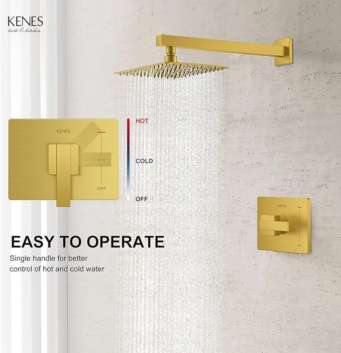 KENES Brushed Gold Shower Faucet, Modern Square 10-Inch Shower Head and Handle Set, Bathroom Rainfall Shower System Wall Mount, KE-6024B-4 (Including Shower Valve) - ModernBath