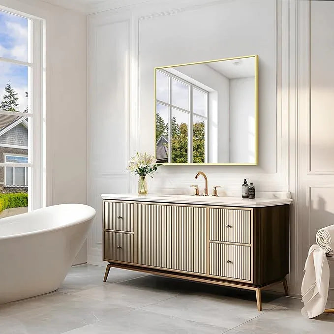 COFENY Gold Bathroom Mirror for Wall, 30x30 Inch Rectangle Mirrors with Metal Frame, Modern Vanity Wall Mirror Decor for Bathroom Living Room, Entryway Hangs Horizontal or Vertical - ModernBath