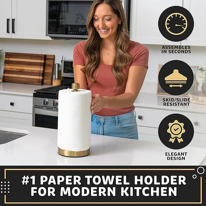 Dear Household Stainless Steel Paper Towel Holder Easy One-Handed Operation - This Sturdy Weighted Paper Towel Dispenser Countertop Model Has Suction Cups and Holds All Paper Towel Rolls - Gold - ModernBath