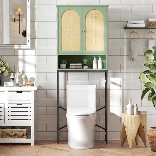 Rattan Over The Toilet Storage Cabinet, Bathroom Organizers and Storage Over Toilet with Rattan Door and Metal Stand, Tall Storage Shelves Above Toilet, Wood Rack for Restroom, Laundry, Foam Green - ModernBath