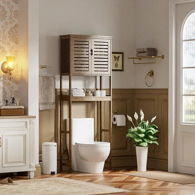 SMIBUY Bathroom Storage Shelf with Cabinet, Bamboo Over-The-Toilet Organizer Rack, Freestanding Toilet Space Saver with 3-Tier Adjustable Shelves (Walnut) - ModernBath