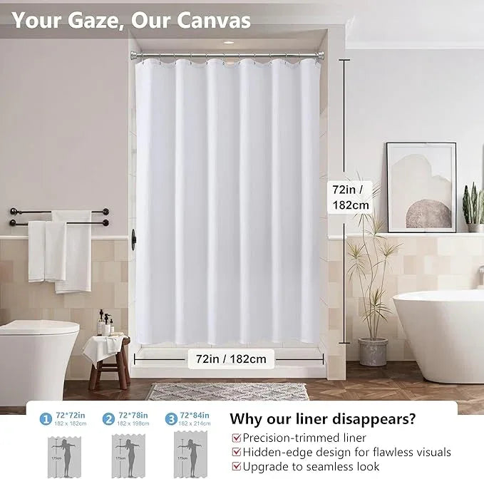 VANZAVANZU Luxury 3 in 1 Shower Curtain Set 3D Textured Waffle Weave Bathroom Curtain with Waterproof SGS Certified Fabric Liner & 12 Anti-Fall Stainless Steel Hooks, Machine Washable 72"x72" (White) - ModernBath