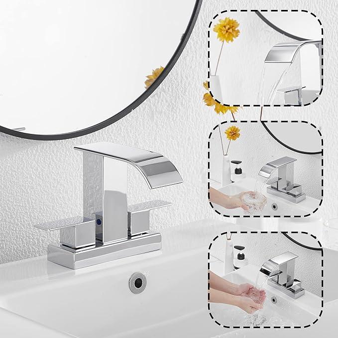 GGStudy Chrome Bathroom Faucet Modern 2 Handles 4 Inches Centerset RV Waterfall Bathroom Vanity Faucet with Drain Assembly - ModernBath