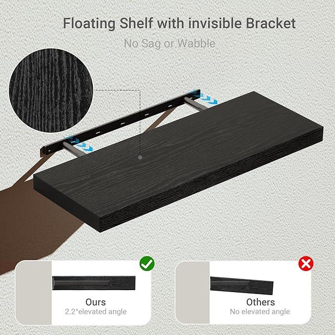 Vivelove Black Floating Shelves for Wall Mounted, 24 inchs x 9.1” Deep x 1.6” Thick Wall Shelves for Bedroom, Living Room, Bathroom，Kitchen, Office, Home Decor Shelf with Invisible Bracket - Set of 2 - ModernBath