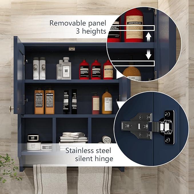 Bathroom Wall Cabinet, Wall Mounted with Towel Bar & 6 Shelves - Over Toilet Storage Organizer, 2-Door Medicine Cabinet, Adjustable Bathroom Shelves(Blue) - ModernBath