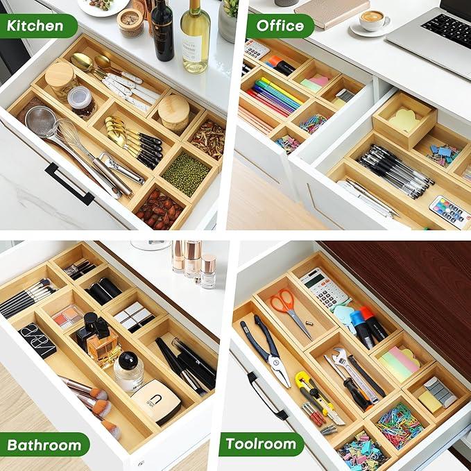Bamboo Drawer Organizer Set, 9 PCS Multi-Use Individual Wood Storage Organizers, Junk Drawer Divider and Storage Trays Containers for Kitchen, Bathroom, Office Desk, Makeup, Jewelry, Utensils - ModernBath