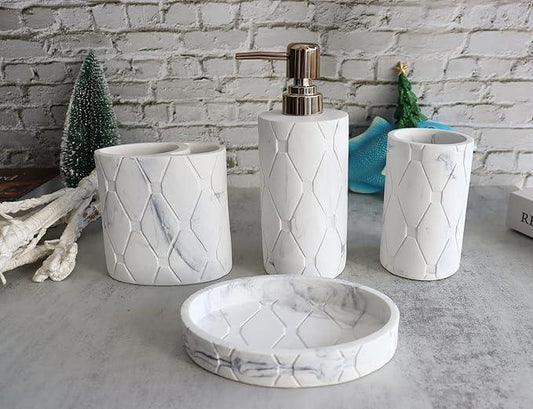 Hymmah Bathroom Accessories Set,Marble Design Toothbrush Holder,Farmhouse Bathroom Decor,4 Pcs Resin Gift Set Apartment Necessities, Contain Toothbrush Cup,Soap Dispenser,Soap Dish,Tumbler - ModernBath