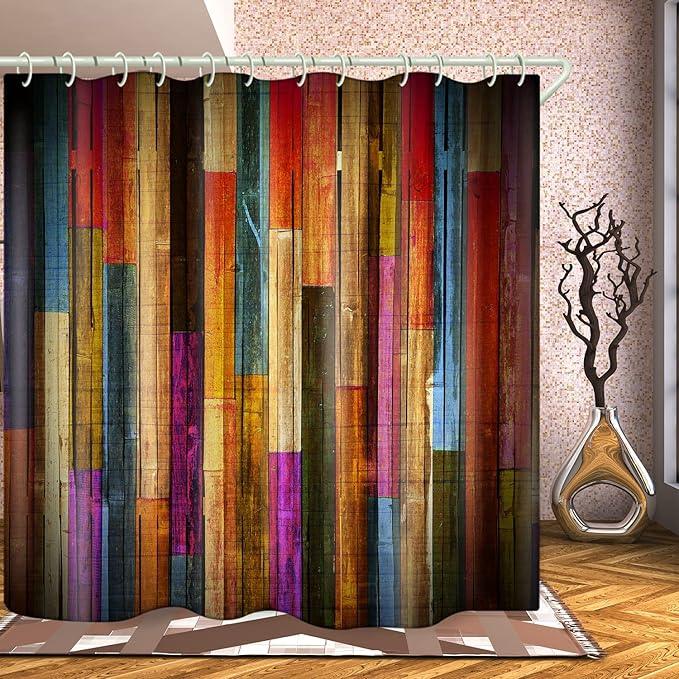 LYFANS Shower Curtains Waterproof Polyester Fabric,Large Width Bright Partition Curtain with Color Striped Planks Print,Shower Curtain Liner for Bathtub Bathroom with 12 White Hooks (72 x72 inches) - ModernBath