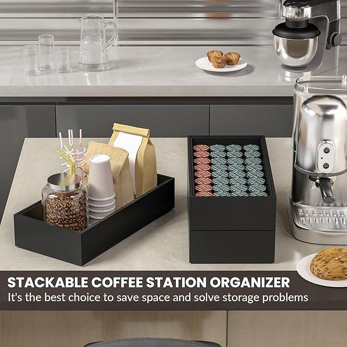 Kitchen Drawer Organizer Bins, Stackable Bamboo Drawer Organizer for Silverware, Coffee Pod Organizer K Cup Holder for Countertop, 2 Pcs Coffee Station Organizer Black 12" x 6" x 2.5" - ModernBath