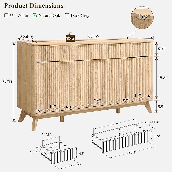 OKD Fluted Storage Cabinet with Drawers, 60" Morden Buffet Sideboard Coffee Bar Cabinet with 4 Doors and 3 Drawers for Dining Room, Living Room,Hallway (Natural Oak) - ModernBath