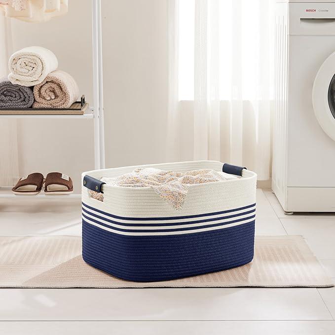 60L Large Laundry Basket with Leather Handles for Living Room Storage, Woven Rope Baskets Bin for Blanket, Kids Toy, Gifts, Wicker Hamper for Bedroom Dirty Clothes, 21"x15"x11" White Navy - ModernBath