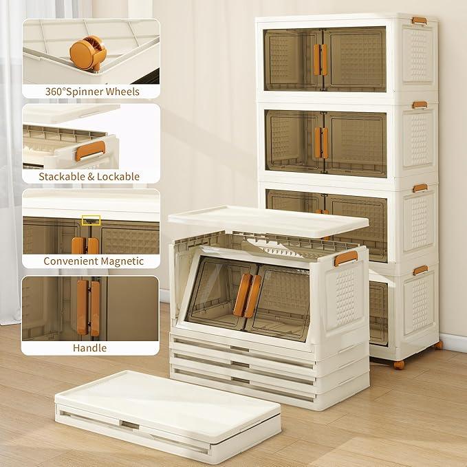 Plastic Stackable Storage Bins with Lids and Wheels, 358.4QT-89.6QT*4Tier Foldable Closet Organizers and Containers, Collapsible Clear Drawer Storage Cabinet with Doors Ivory White - ModernBath