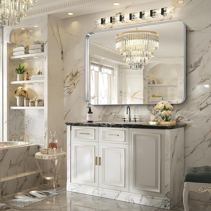 FORBATH 48x40 Inch Large Bathroom Mirror, Brushed Silver Deep Frame Wall Mirror with Rounded Corners, Anti-Rust Tempered Glass for Modern Farmhouse Vanity (Horizontal/Vertical) - ModernBath
