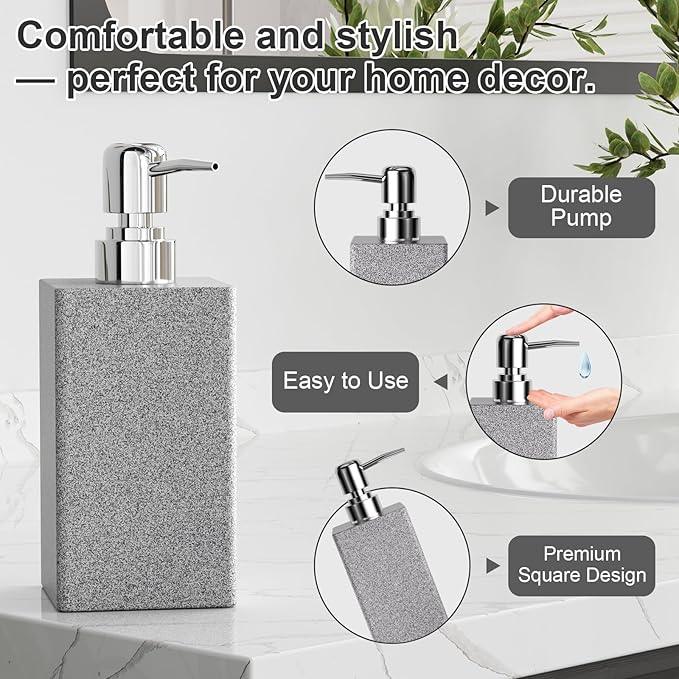 Gray Bathroom Accessories Set Resin 6PCS, Square Toothbrush Holders Set Complete with Soap Dispenser, Vanity Tray, Tumbler, Cups and Cotton Swab Jars for Counter, Sink or Small Spaces - ModernBath