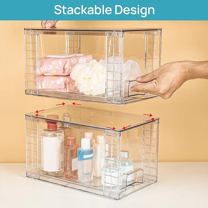Vtopmart 2 Pack Large Stackable Storage Drawers,Clear Acrylic Drawer Organizers with Handles, Easily Assemble for Bathroom,Kitchen Undersink,Cabinet,Closet,Makeup,Pantry organization and Storage - ModernBath
