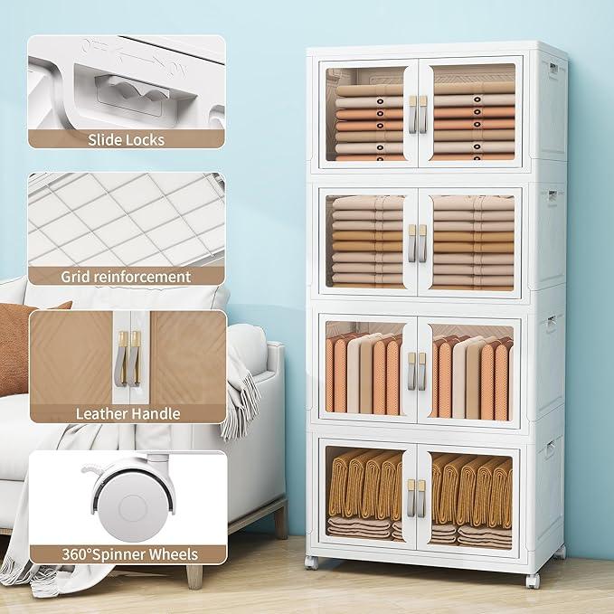 Large Stackable Storage Bins with Lids, 440QT-110QT*4Tier Foldable Cabinet for Closet Organizers, Plastic Storage Containers Box with Wheels - ModernBath