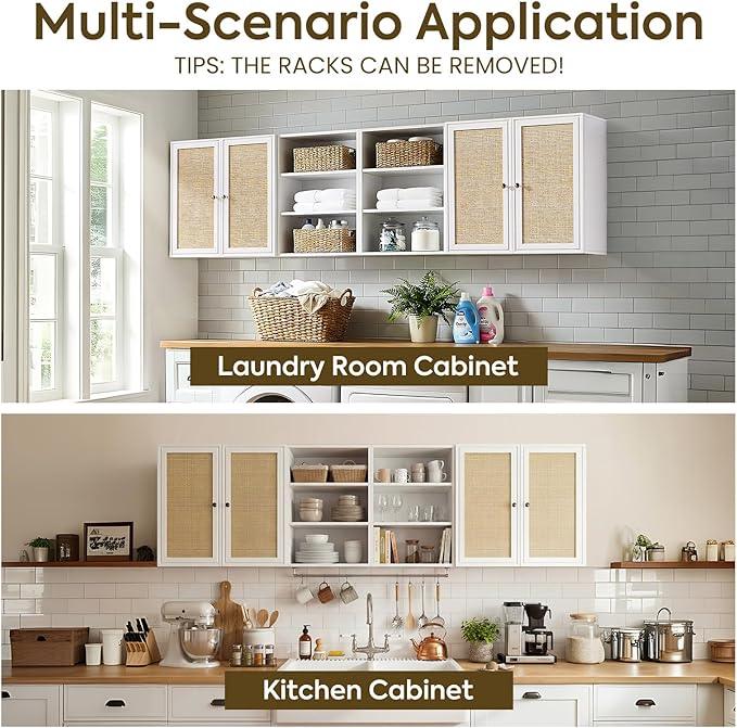 Kitchen Wall Cabinets,78.8" W Rattan Wall Mounted Laundry Cabinets with Adjustable Shelf, Floating Hanging Storage Cabinet for Laundry Room, Bathroom, Kitchen - ModernBath