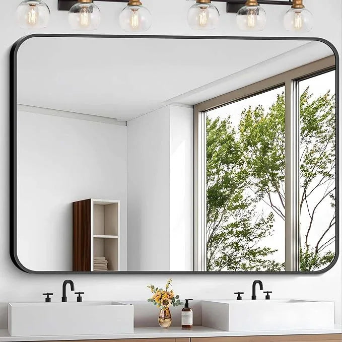 CIVENO Bathroom Mirror, 48 x 40 inch Black Rectangle Wall Mirror, Metal Frame Rectangular Vanity Mirror, Rounded Corner Wall Mounted Mirror for Modern Bedroom Living Room Hangs Horizontal/Vertical - ModernBath