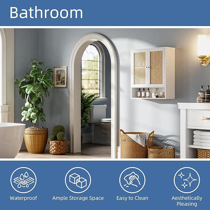 HITNET Bathroom Wall Cabinet, Rattan Medicine Cabinet, Bamboo Hanging Storage Organizer Over The Toilet with Adjustable Shelf for Living Room, Kitchen, Hallway(White) - ModernBath