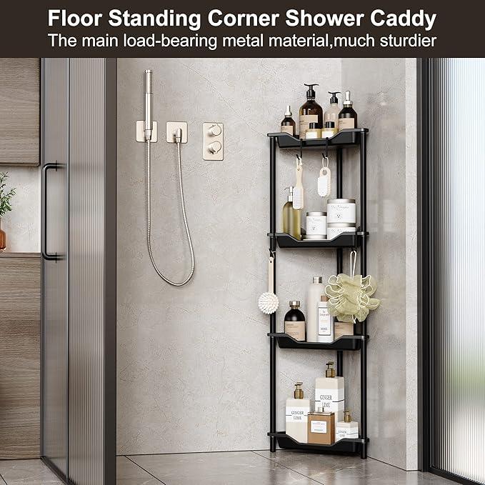 Orimade Rustproof 4 Tier Floor Standing Corner Shower Caddy Organizer, Plastic Metal Splicing Floor Corner Shelf Rack Storage Stands for Bathroom,10.8 x 10.8 x 44.6 inches, Black - ModernBath
