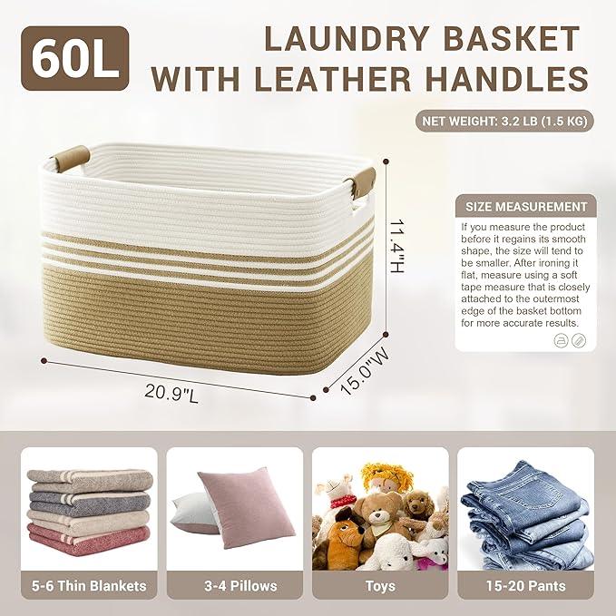 60L Large Laundry Basket with Leather Handles for Living Room Storage, Woven Rope BasketsBin for Blanket, Kids Toy, Gifts, Wicker Hamper for Bedroom Dirty Clothes, 21"x15"x11" Khaki - ModernBath
