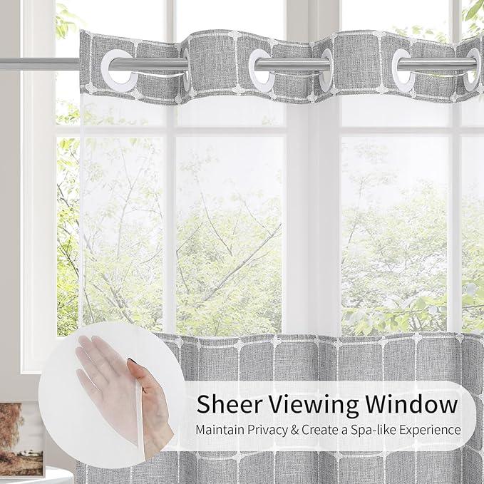 MitoVilla No Hooks Required Farmhouse Shower Curtain with Snap-in Liner - with Window & Magnets, Boho Cotton Linen Fabric Shower Curtains with Tassels for Rustic Bathroom Decor, Grey, 72 x 74 - ModernBath