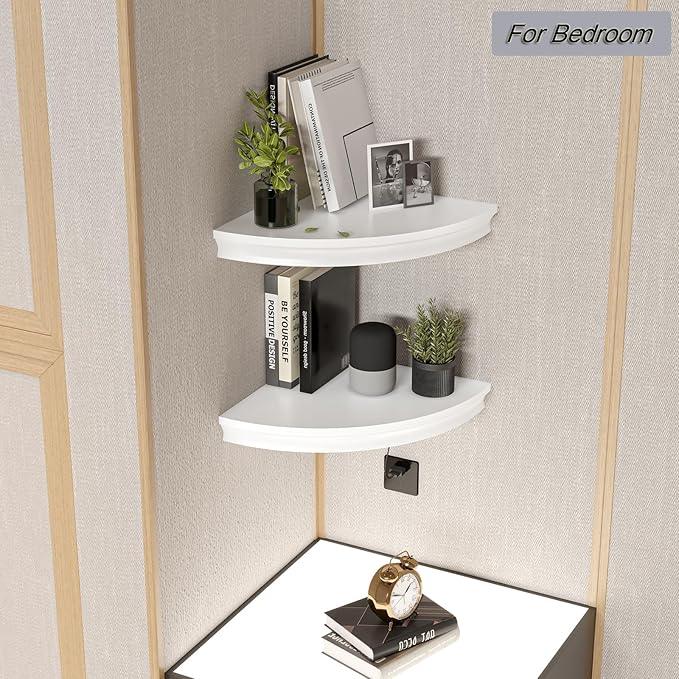 HAO Floating Corner Shelf Invisible Wall Mounted Shelves Radial Shape Cable Wire Hole Pattern Perfect for Bedroom Bathroom Living Room Kitchen 17 Inch Set of 2 White - ModernBath