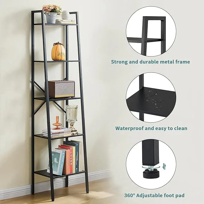 Hoctieon 5-Tier Industrial Ladder Bookshelf, Narrow Ladder Shelf, Tall Standing Bookshelf, Skinny Open Ladder Shelf, for Living Room, Home Office, Kitchen, Bedroom, Metal Frame, Black - ModernBath