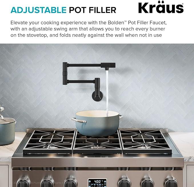 KRAUS Bolden 2 Handle Pot Filler Faucet with Retractable Arm, Wall Mount Kitchen Faucet, Pot Filler for Over Stove in Matte Black, KPF-5003MB - ModernBath