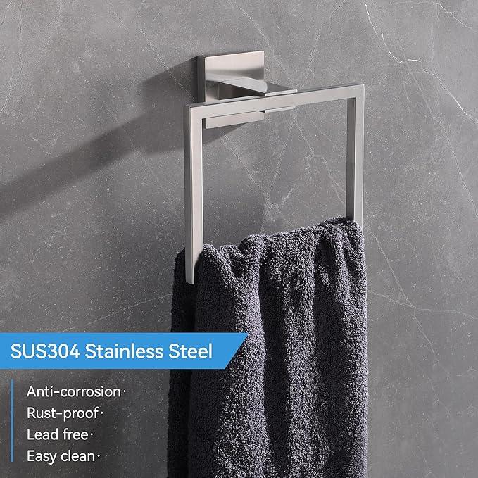 LANC Hand Towel Rings for Bathroom Wall Mount Brushed Finished Square Hand Towel Holder for Kitchen Towel Holder Lavatory SUS304 Stainless Steel Contemporary Style Shower Towel Racks Hanger, A8896BN - ModernBath