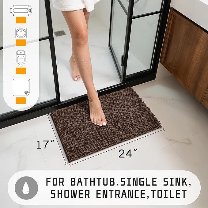Yimobra Washable Bathroom Rugs, Super Soft & Absorbent Chenille Bath Mat for Floor & Carpet, Quick Dry Non Slip Bath Mat for Tub Shower, 24" x 17",Brown - ModernBath