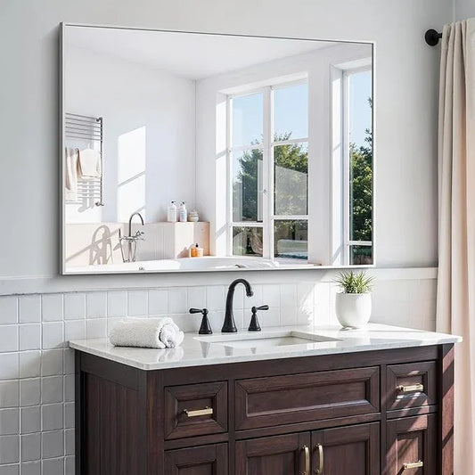 KOCUUY Silver Bathroom Mirror, 48"x36" Large Rectangle Bathroom Mirror for Wall, HD Tempered Glass, Anti-Rust Brushed Silver Frame, Modern Design for Bathroom, Bedroom, Hang Horizontal/Vertical - ModernBath