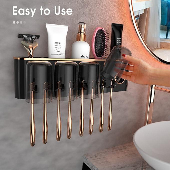 iHave Toothbrush Holders Bathroom Accessories with Toothpaste Dispenser, 4 Cups Toothbrush Holder Wall Mounted Bathroom Decor - ModernBath