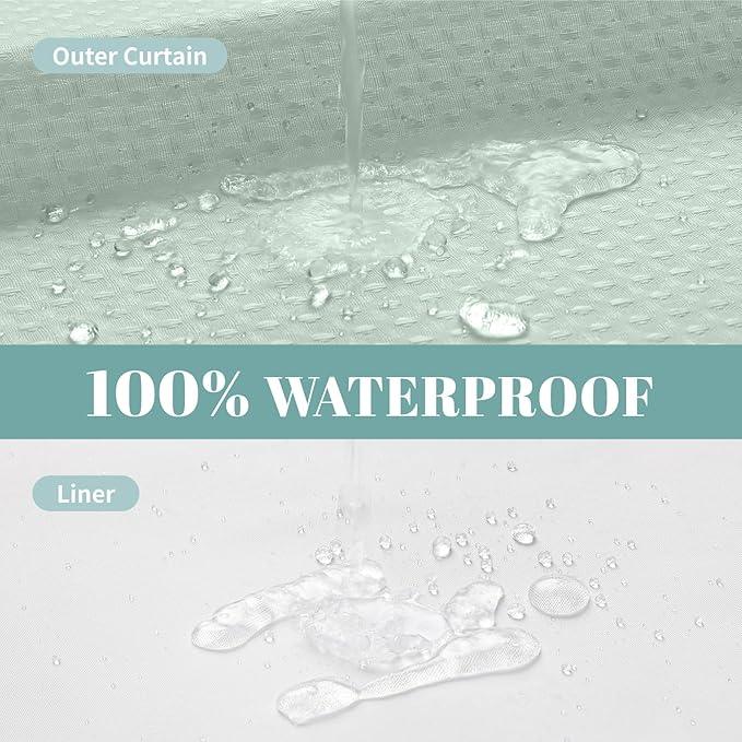 eachope MintGreen Extra Long No Hook Waffle Weave Shower Curtain with snap-in Liner Replacement, 230GSM Waterproof Fabric Hotel Shower Curtain Set for Bathroom, Through Mesh Top Window,71Wx86H - ModernBath