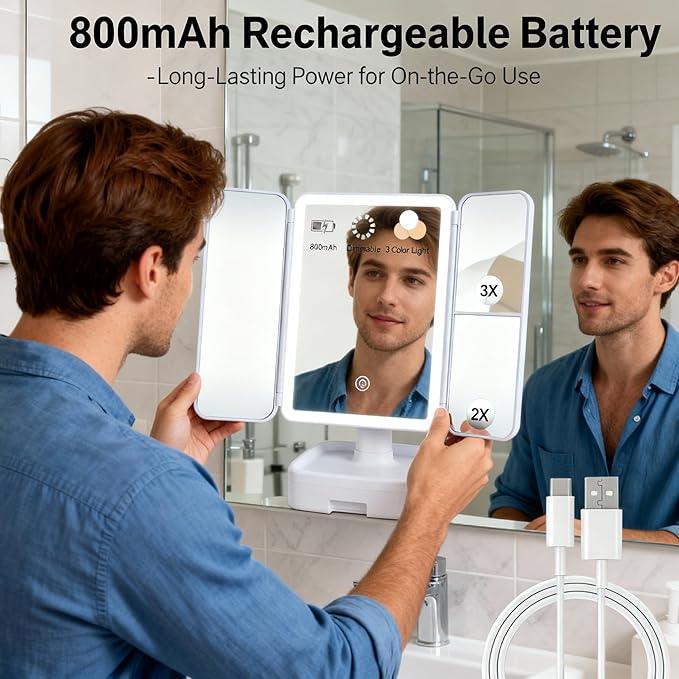 Makeup Vanity Mirror with Light, Triple Magnification (1X/2X/3X) with Storage, Touch Control and 3-Color dimming Lighting, Portable Travel Trifold Mirror，Gift for her - ModernBath