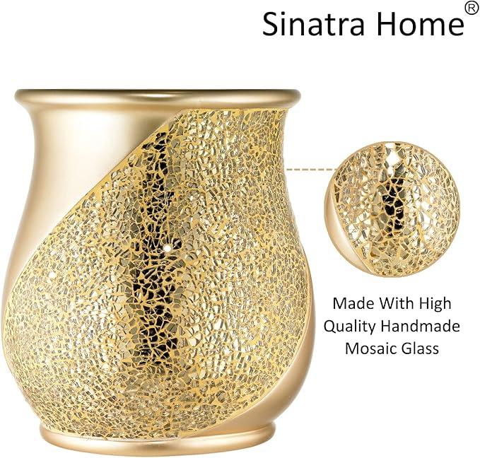 Zahari Home 2pc Sinatra Modern Bath Accessories Set Waste Basket & Tissue Box Champagne Gold Modern Decorative Beautiful Designs Bathroom Decor Set for Home Luxury Bath Set Mosaic Glass - ModernBath