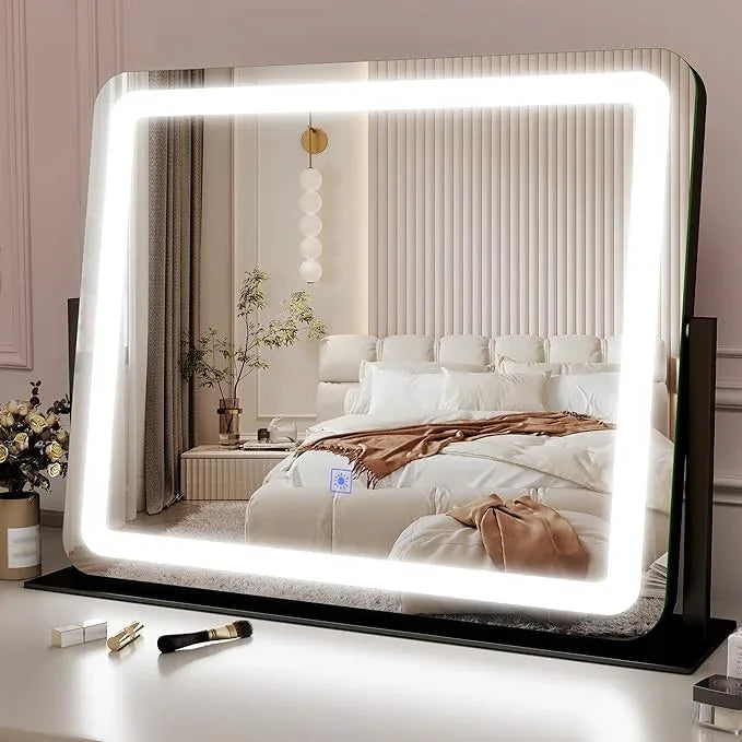ROLOVE 22x17 Inch Lighted Vanity Mirror with Dimmable LED Lights - 3 Color Modes, Smart Touch Control & 360° Rotating Base - Desk Makeup Mirror (Black) - ModernBath