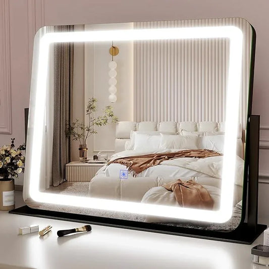ROLOVE 22x17 Inch Lighted Vanity Mirror with Dimmable LED Lights - 3 Color Modes, Smart Touch Control & 360° Rotating Base - Desk Makeup Mirror (Black) - ModernBath