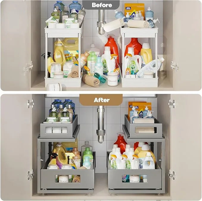 2 Pack 18.5IN-Depth Under Sink Organizer With Next-Gen Ball-Bearing Slides,2-Tier Pull Out Cabinet Storage,Height Adjustable Drawer Shelf for Bathroom,Kitchen,Laundry,Cabinet,Pantry-Gun Gray - ModernBath